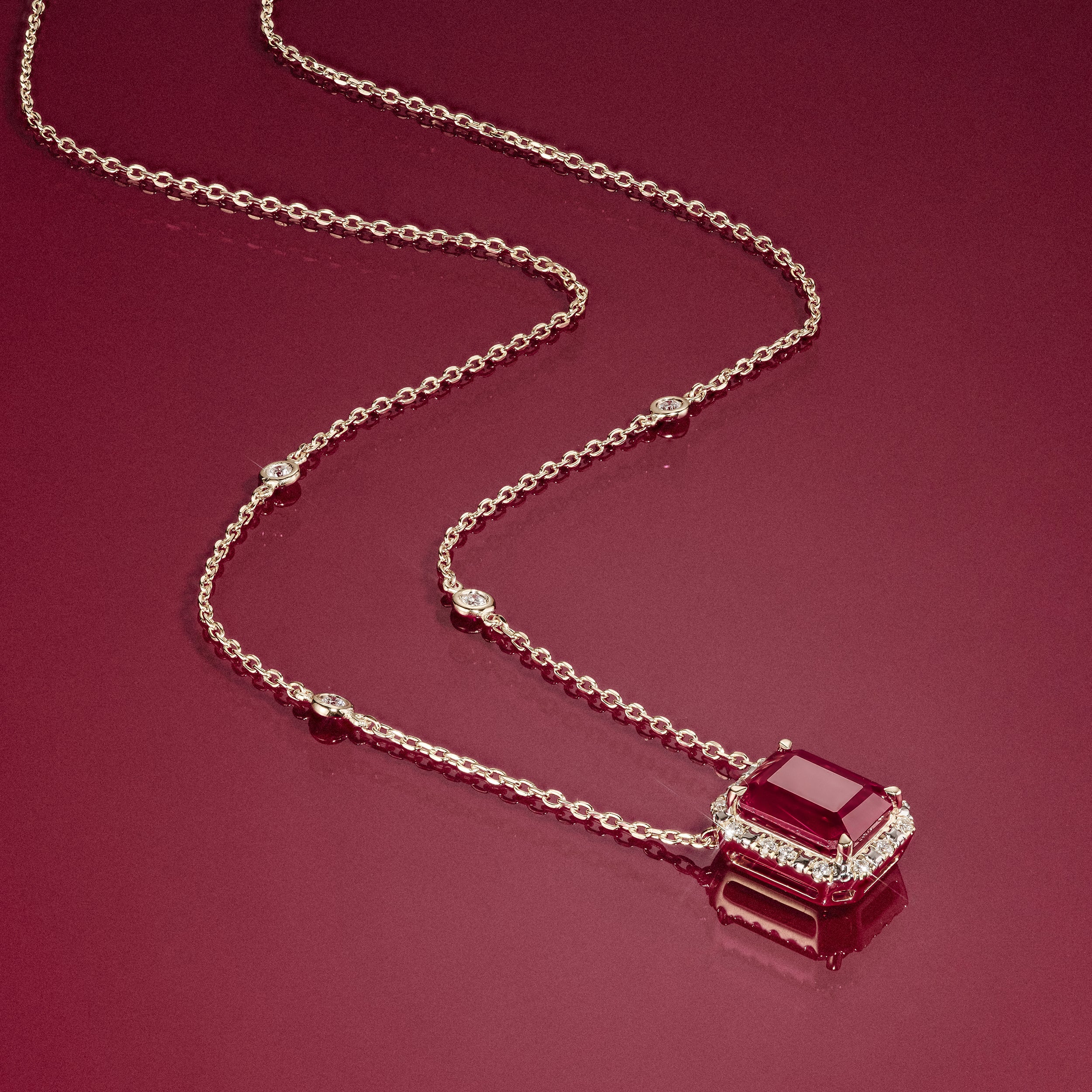 Astra 1.80ct Lab Ruby and Diamond Halo Octagon Cut Necklace in Silver